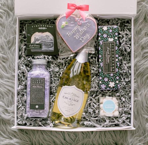Finchberry bath and Champagne with a Mother's Day cookie Mother's Day gift box