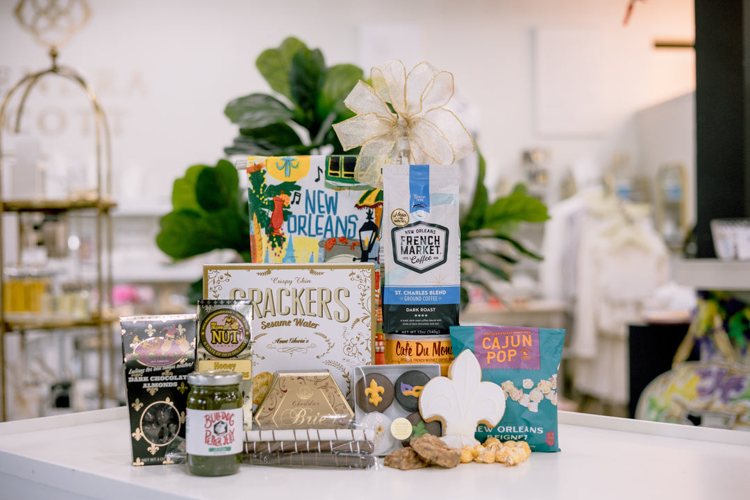 New Orleans local coffee, pralines, pecans, pepper jelly, crackers, cajun popcorn.
