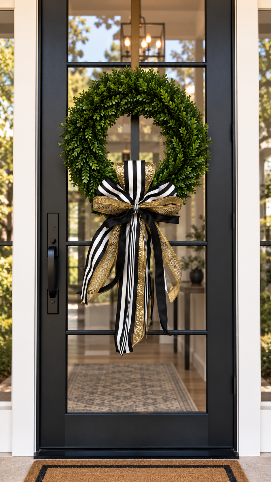 Boxwood wreath on a black glass front door with a black and white striped, black and gold ribbon sash and bow