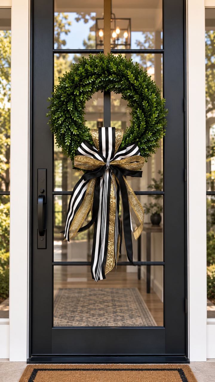 Boxwood wreath on a black glass front door with a black and white striped, black and gold ribbon sash and bow