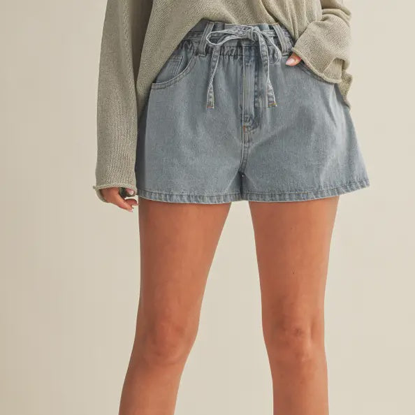 High Rise Gathered Waist Denim Shorts