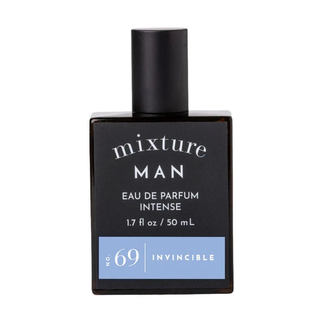 Product photograph by Mixture of a bottle of Man Eau de Parfum Intense on a white background featuring a matte black cap, dark amber glass, and a light blue accent label highlighting the number 69 and scent name Invincible