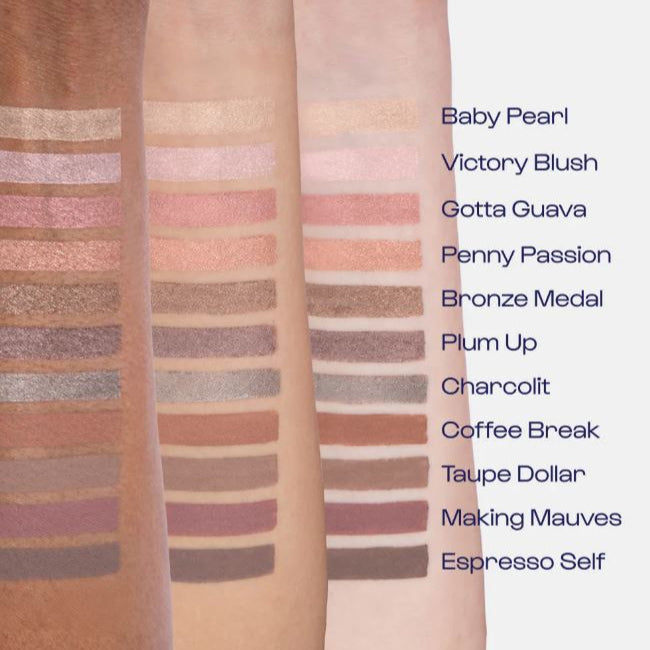 Promotional product photograph of eleven makeup swatches on light, medium, and dark skin tones featuring shimmery and matte textures with specific shade names such as Baby Pearl, Gotta Guava, and Espresso Self listed on the right side