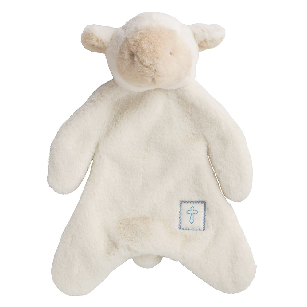 Soft plush textile toy by Mud Pie featuring a white lamb security blanket on a white background with a fuzzy beige snout and a small blue embroidered cross patch
