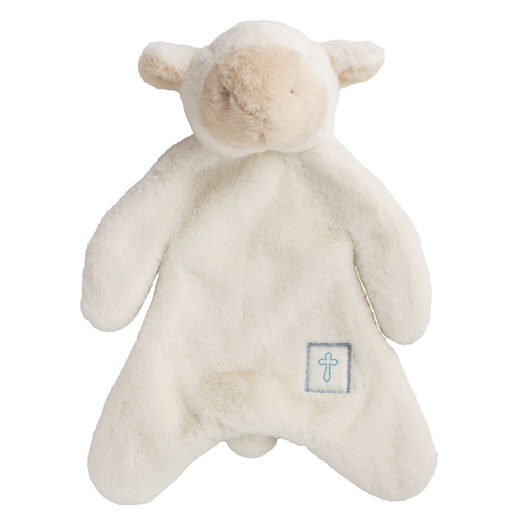 Soft plush textile toy by Mud Pie featuring a white lamb security blanket on a white background with a fuzzy beige snout and a small blue embroidered cross patch