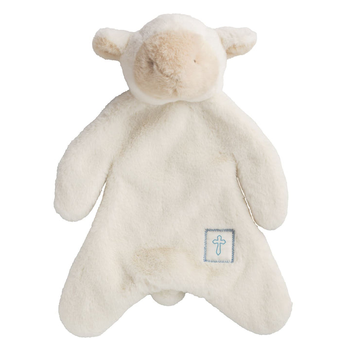 Soft plush textile toy by Mud Pie featuring a white lamb security blanket on a white background with a fuzzy beige snout and a small blue embroidered cross patch