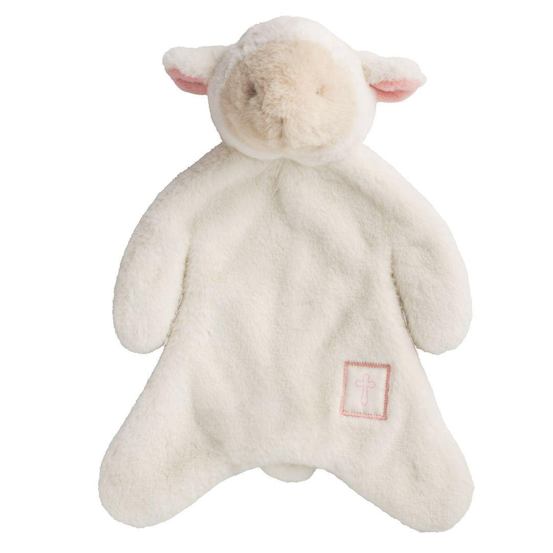 Plush fabric lamb baby security blanket by Mud Pie centered against a white background featuring soft pink inner ears and a small square patch with an embroidered pink cross