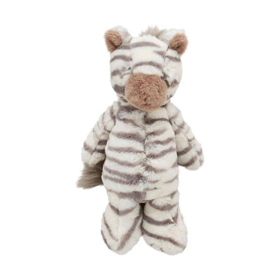 Plush toy by Jellycat of a Bashful Zebra standing on a white background featuring soft taupe stripes, a fuzzy brown snout, and a tufted grey tail