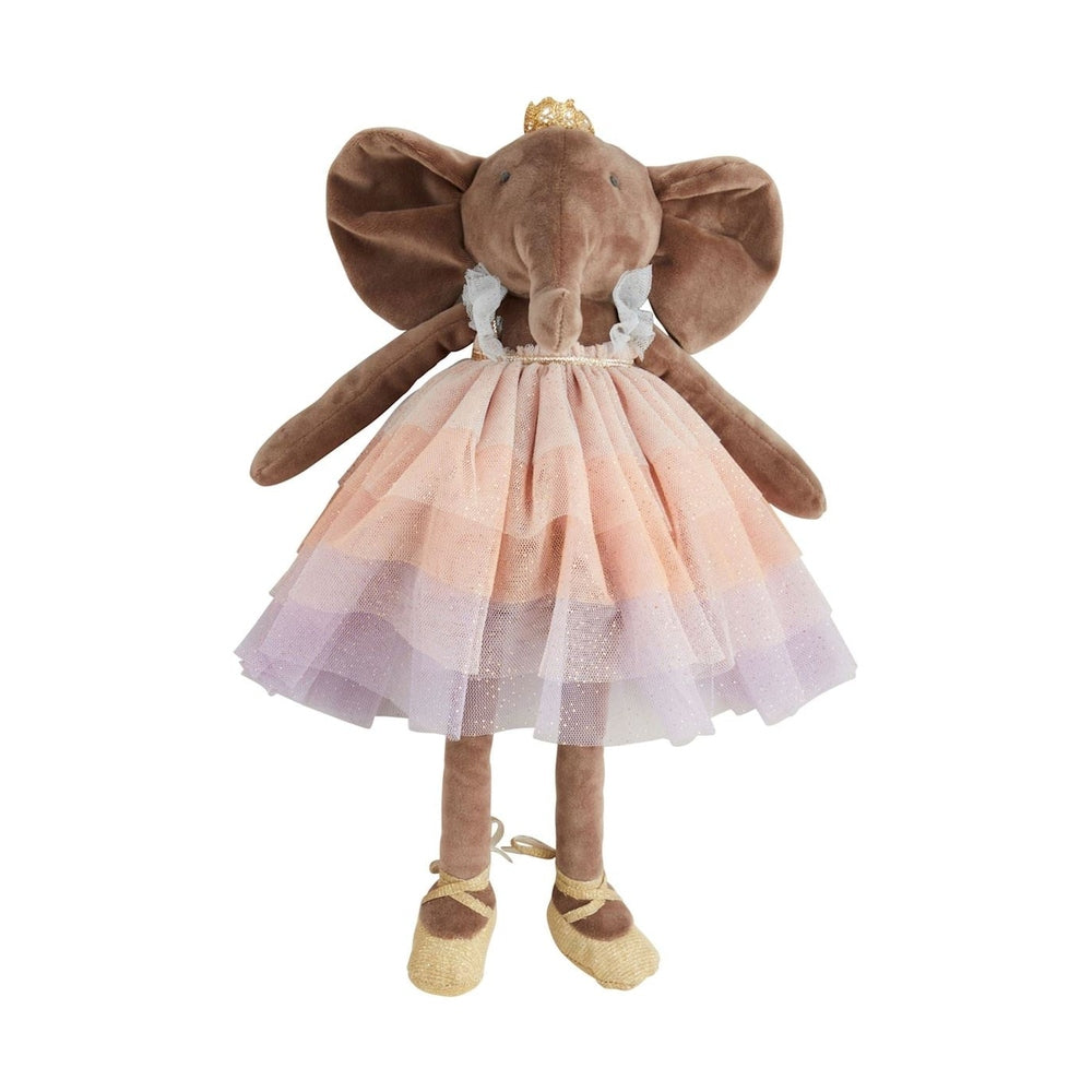 Plush toy by Mon Ami featuring a ballerina elephant with a glittery pink and purple ombre tulle tutu, a gold crown, and matching ballet slippers against a white background