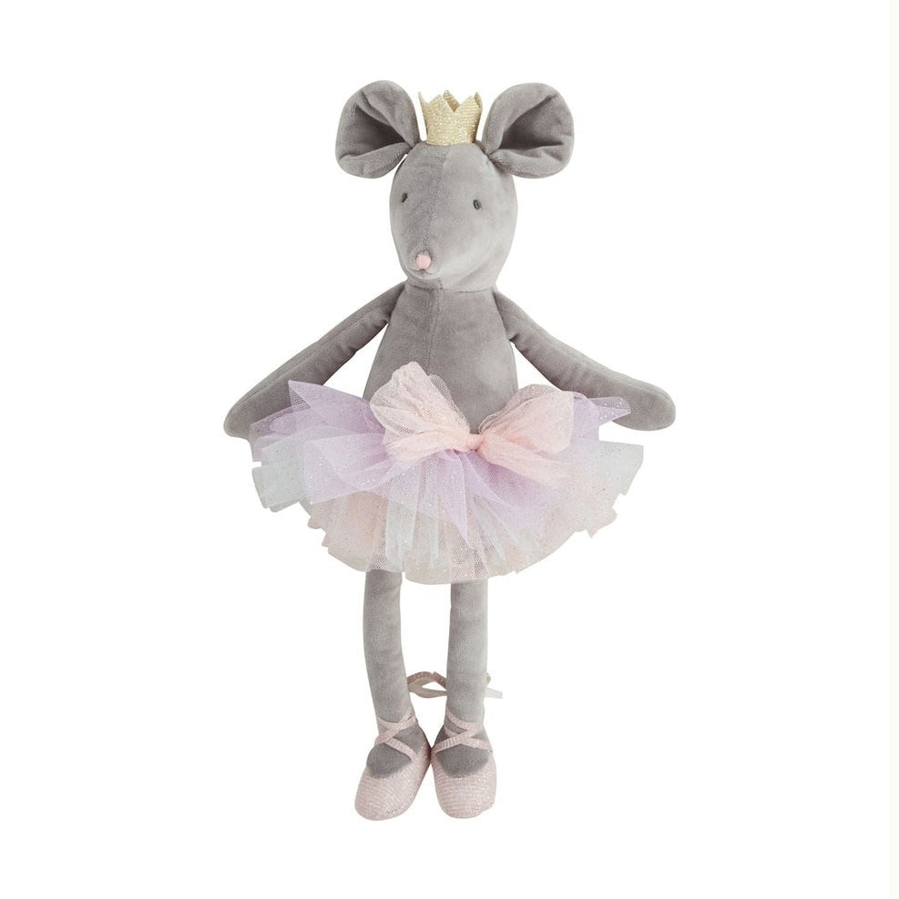 Plush toy gray ballerina mouse on a white studio background wearing a gold glitter crown, a multi-layered pastel tulle tutu, and sparkling pink ballet slippers with ribbon ties