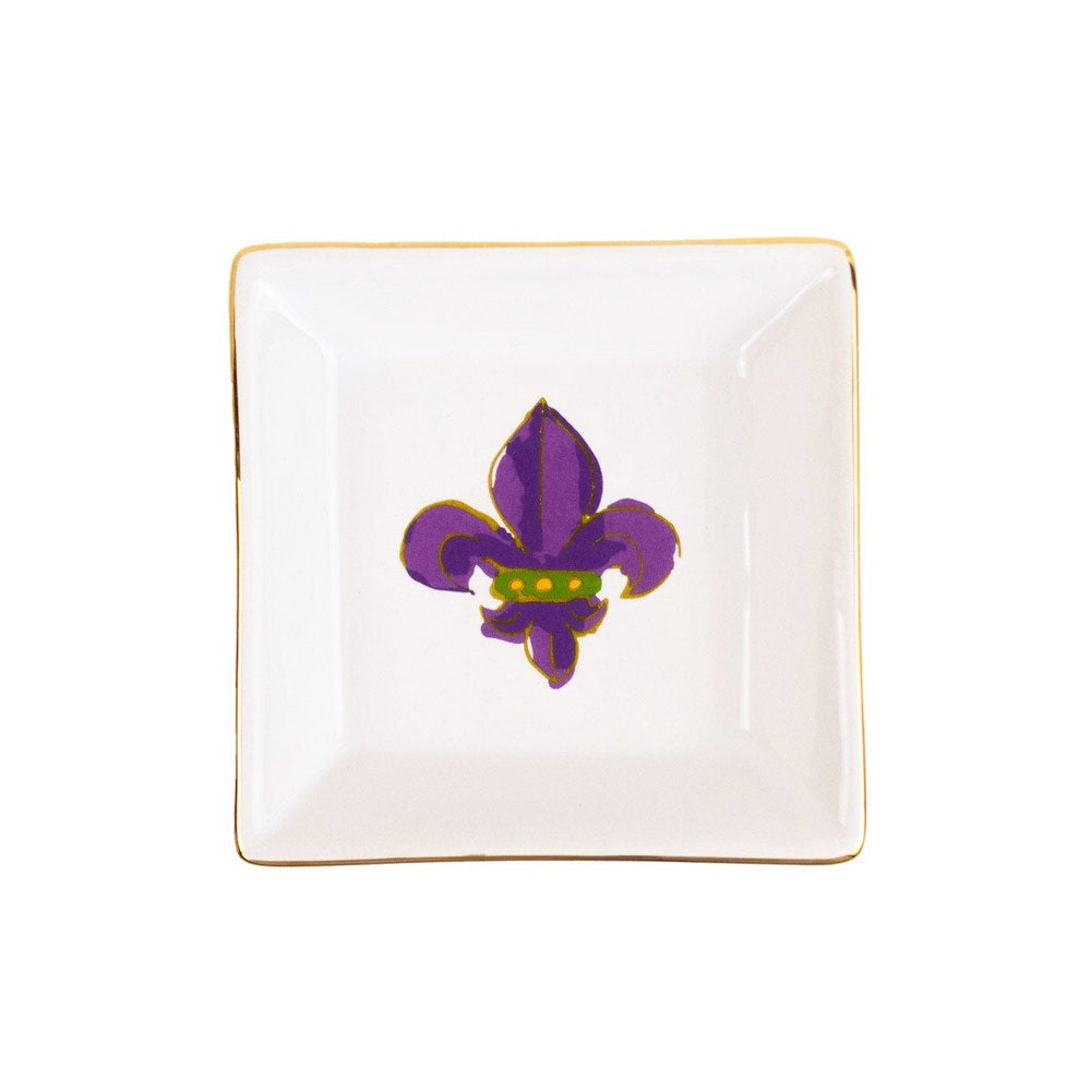 Ceramic square trinket tray featuring a hand-painted purple fleur-de-lis as an iconic symbol of New Orleans finished with a gold-gilded rim and a green and yellow band
