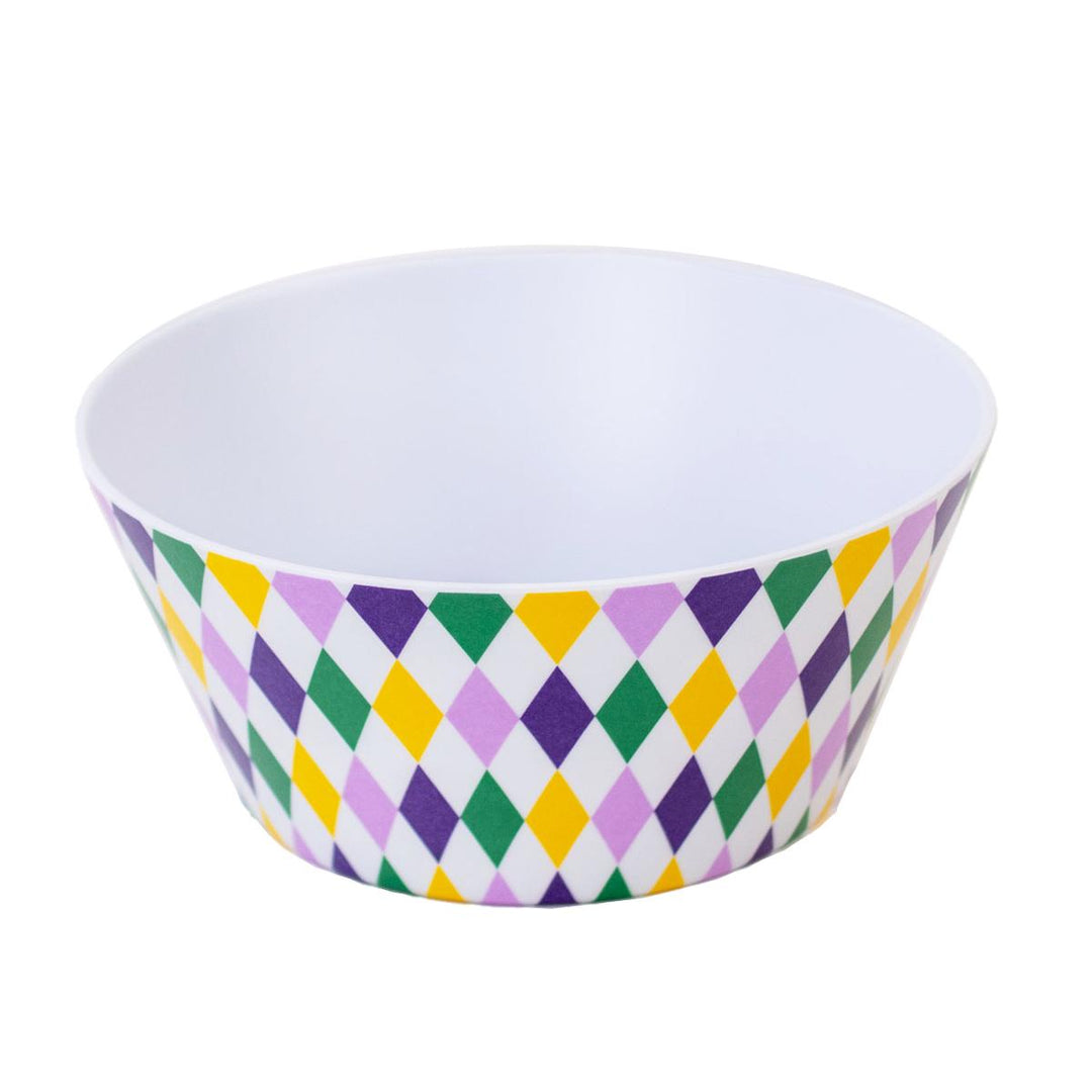 White melamine bowl with purple, green and gold harlequin diamond pattern on the outside
