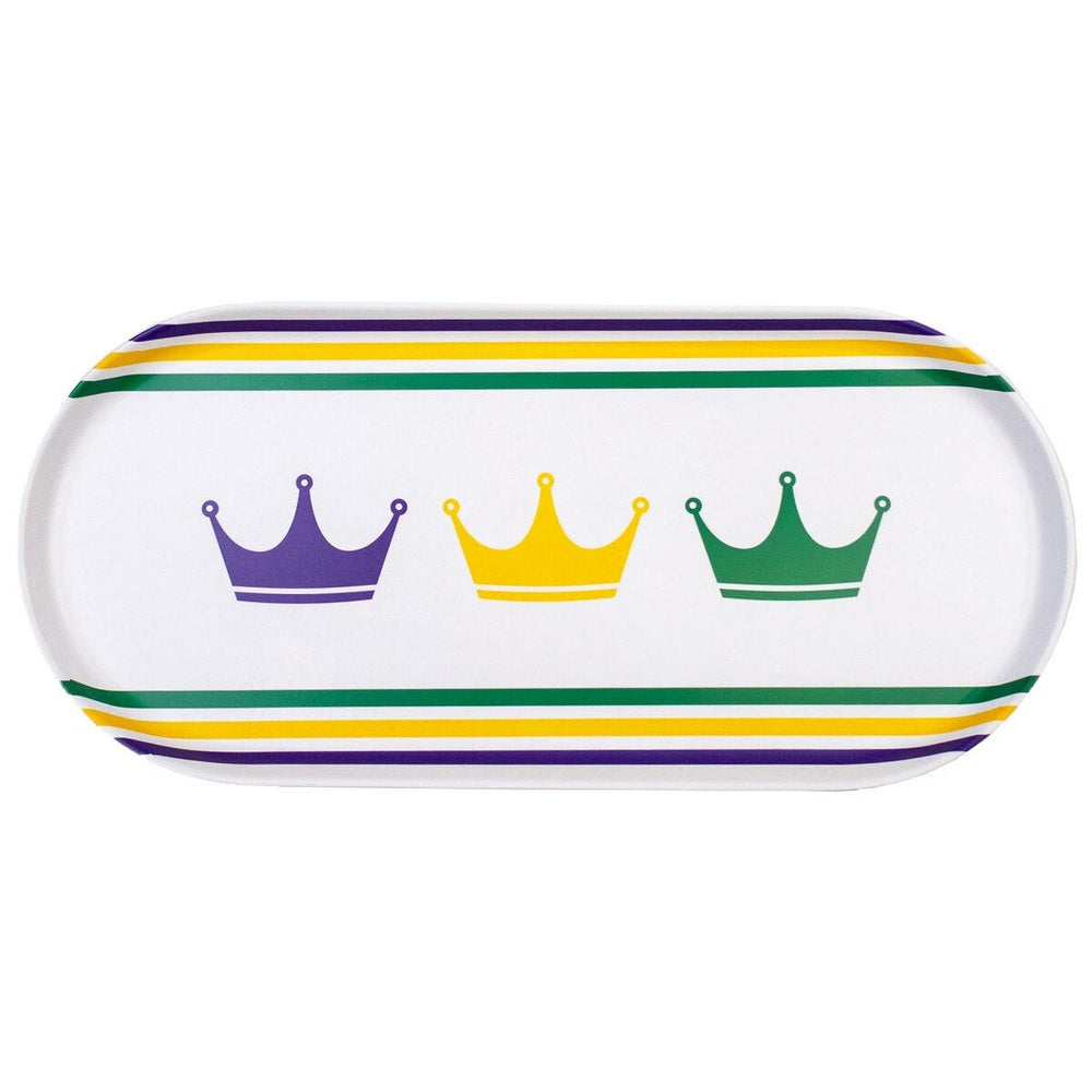 White oval melamine platter with purple, gold and green crowns and stripes