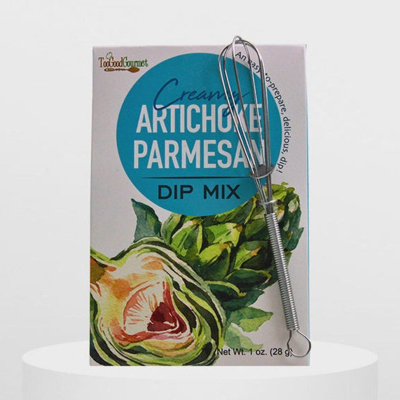 Too Good Gourmet Creamy Artichoke Parmesan Dip Mix box with a small whisk attached
