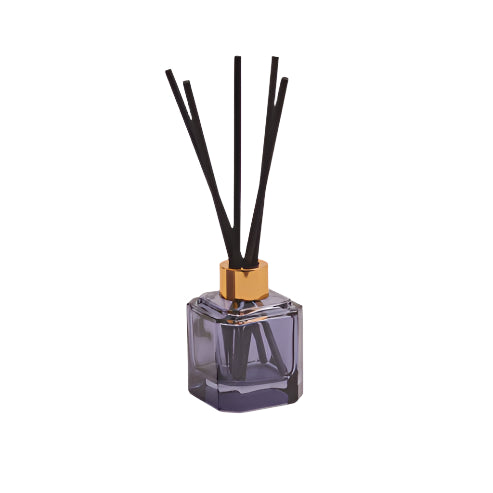 Product photograph of a contemporary reed diffuser on a white background, highlighting a smoke-grey square glass bottle with a polished gold collar and sleek black diffuser sticks splaying out from the top