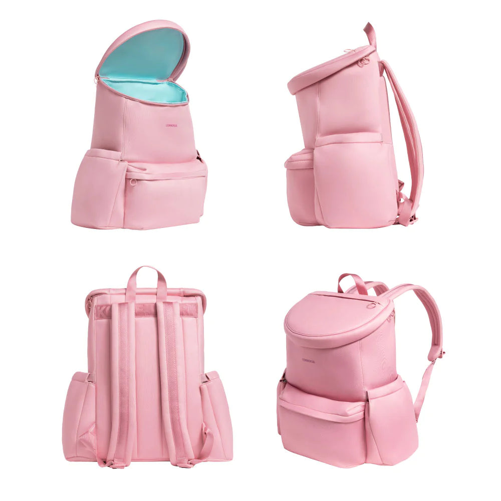 Commercial photography of a Corkcicle cooler backpack displayed from four perspectives on a white background featuring a soft pink exterior with a vibrant turquoise insulated interior and a rounded zippered top lid