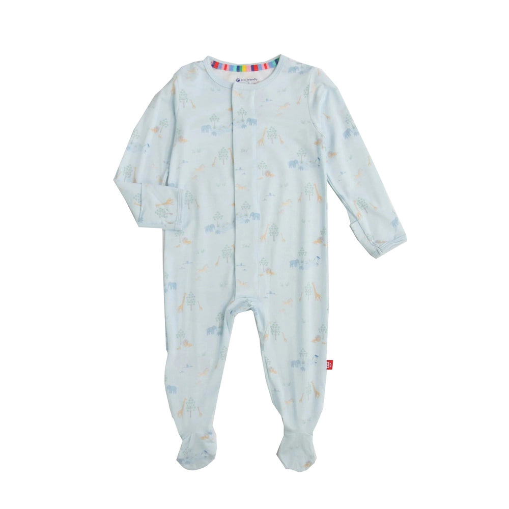 Magnetic Me cotton blend baby footie sleeper on a white background featuring a light blue safari print of giraffes and elephants, a hidden magnetic closure, and a colorful rainbow-striped inner collar trim