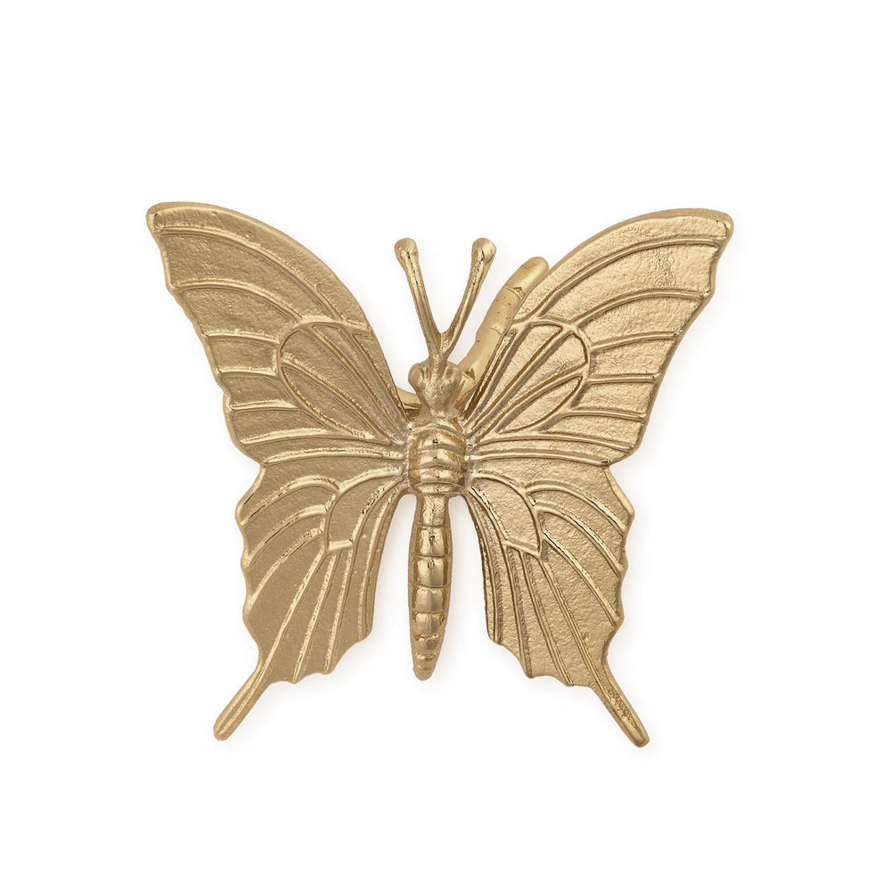 Gold-tone metal butterfly sculpture by an unknown artist featuring a swallowtail design on a plain white background with intricate wing venation, a textured segmented body, and delicate curved antennae
