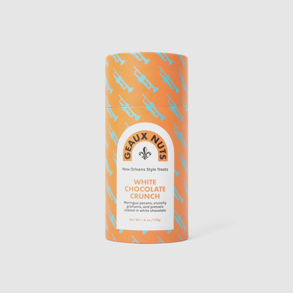Orange and blue Geaux Nuts White Chocolate Crunch tube with a trumpet pattern