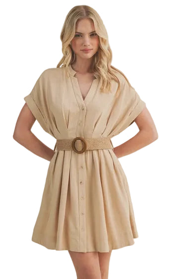 Dolman Sleeve Belted Button-Front Dress