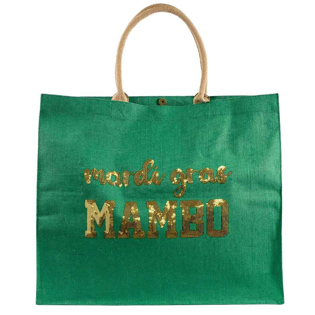 Jute tote bag featuring gold sequin mardi gras MAMBO lettering for New Orleans celebrations with an emerald green woven texture and beige braided rope handles