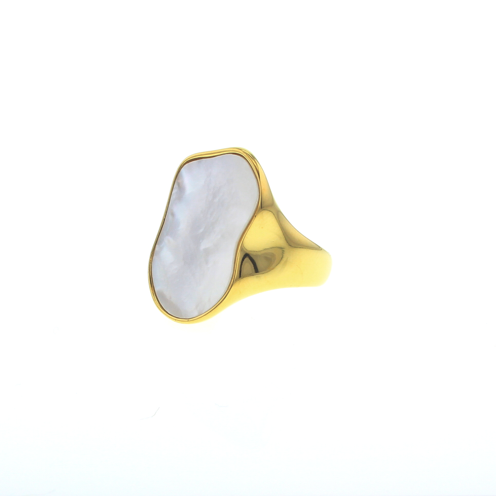 Gold and mother-of-pearl jewelry ring featuring an organic asymmetrical shape and iridescent white inlay on a polished yellow gold band centered against a white background