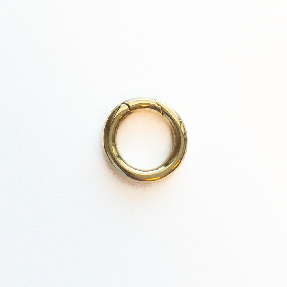 Polished gold-toned metal spring gate ring hardware featuring a hinged clasp mechanism and smooth reflective finish centered on a minimalist white background