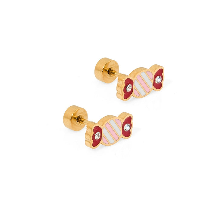 Gold-plated enamel jewelry featuring a pair of candy-shaped stud earrings with pink and white striped centers and red enamel ends accented by small clear crystals on a white background