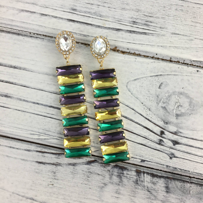 Mardi Gras Stacked Rectangle Gemstone Earrings