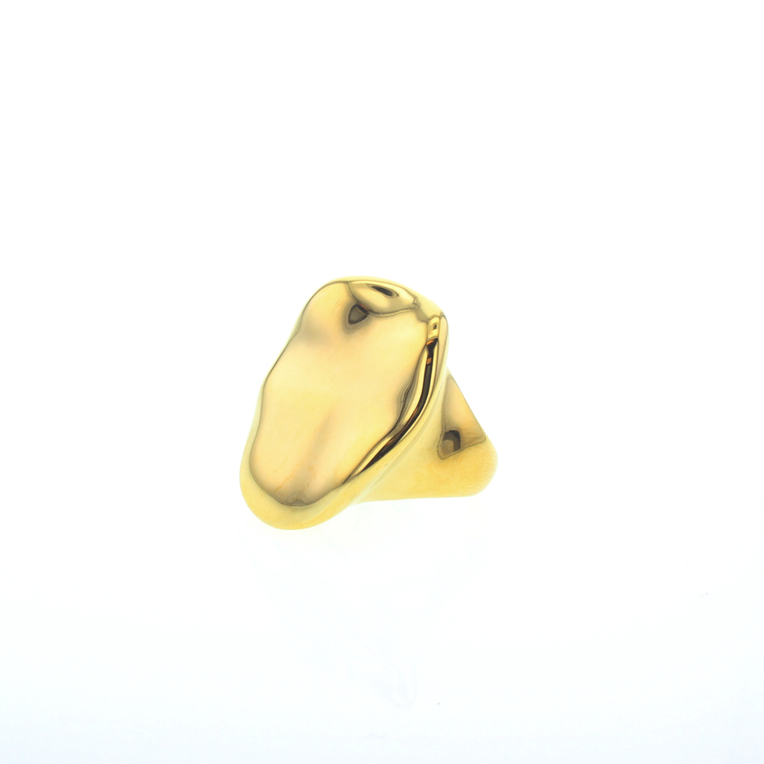 Polished gold jewelry featuring a sculptural organic ring centered on a white studio background with a high-shine reflective finish and fluid asymmetrical pebble-like contours