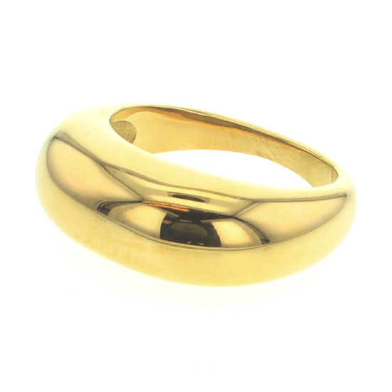 Gold jewelry showcasing a chunky dome ring on a white studio background with a high-polish yellow finish and a smooth reflective surface emphasizing its bold minimalist design