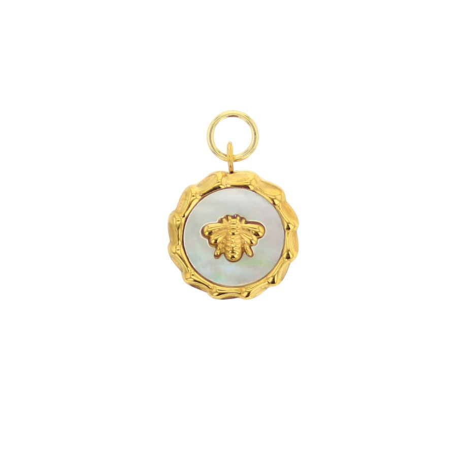 Gold and mother-of-pearl Gucci bee charm featuring an iridescent white inlay, a detailed three-dimensional honeybee motif, and a scalloped wavy frame on a plain white background