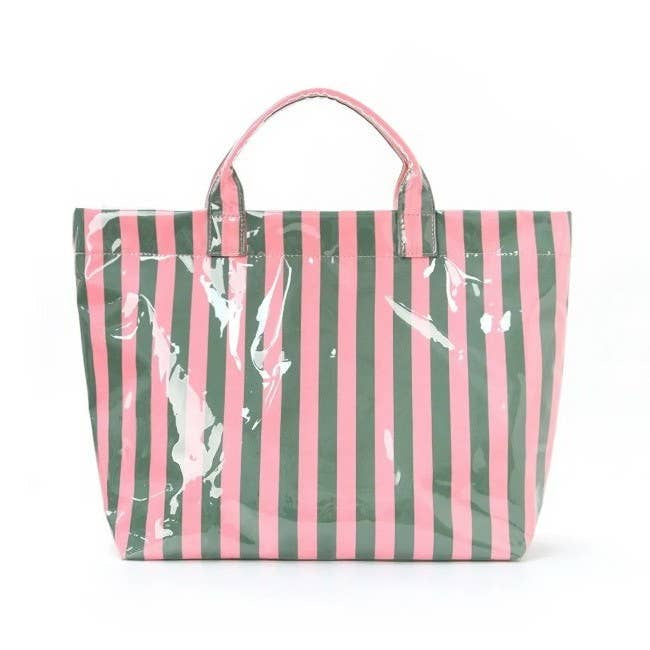 Pink/Green Large Striped Vinyl Tote Bag