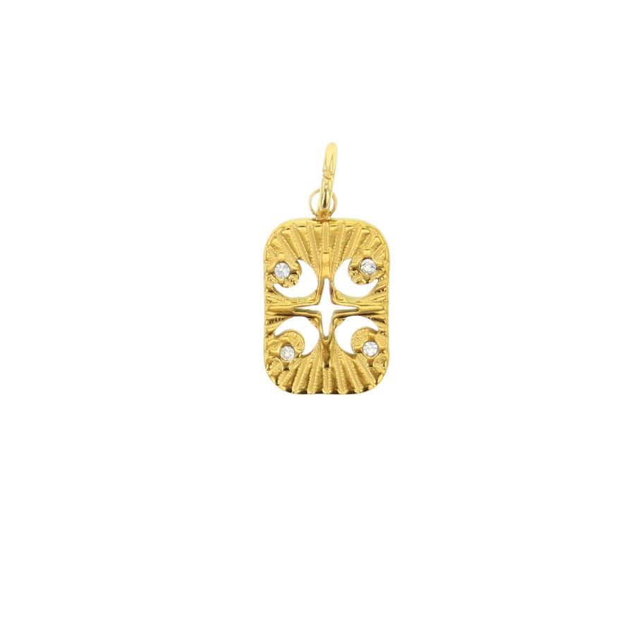 Gold jewelry rectangular pendant featuring a central star-shaped cutout surrounded by four crescent moons set with sparkling white diamonds and a textured sunburst pattern on a white background