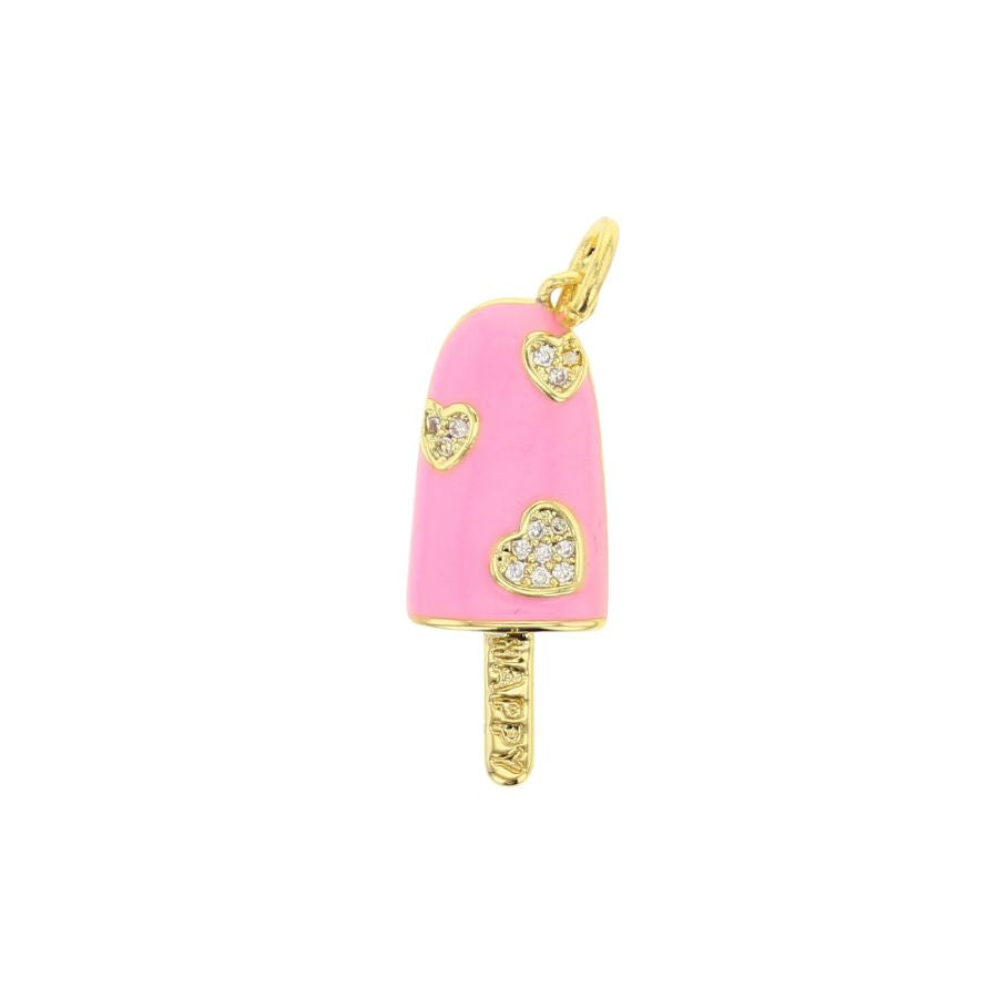 Gold and enamel jewelry charm of a pink popsicle featuring three heart-shaped pavé-set stone accents and the word HAPPY embossed on its textured gold stick against a white background