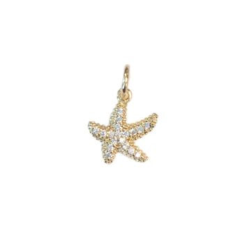 Gold jewelry pendant of a pave-set diamond starfish charm on a plain white background featuring textured yellow gold borders and a small circular jump ring