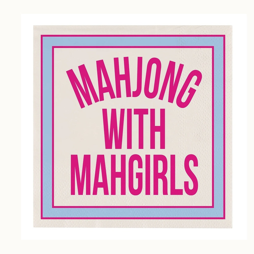 Digital graphic design for a square paper napkin featuring the playful text MAHJONG WITH MAHGIRLS in bold pink font framed by light blue and pink borders on a textured off-white background