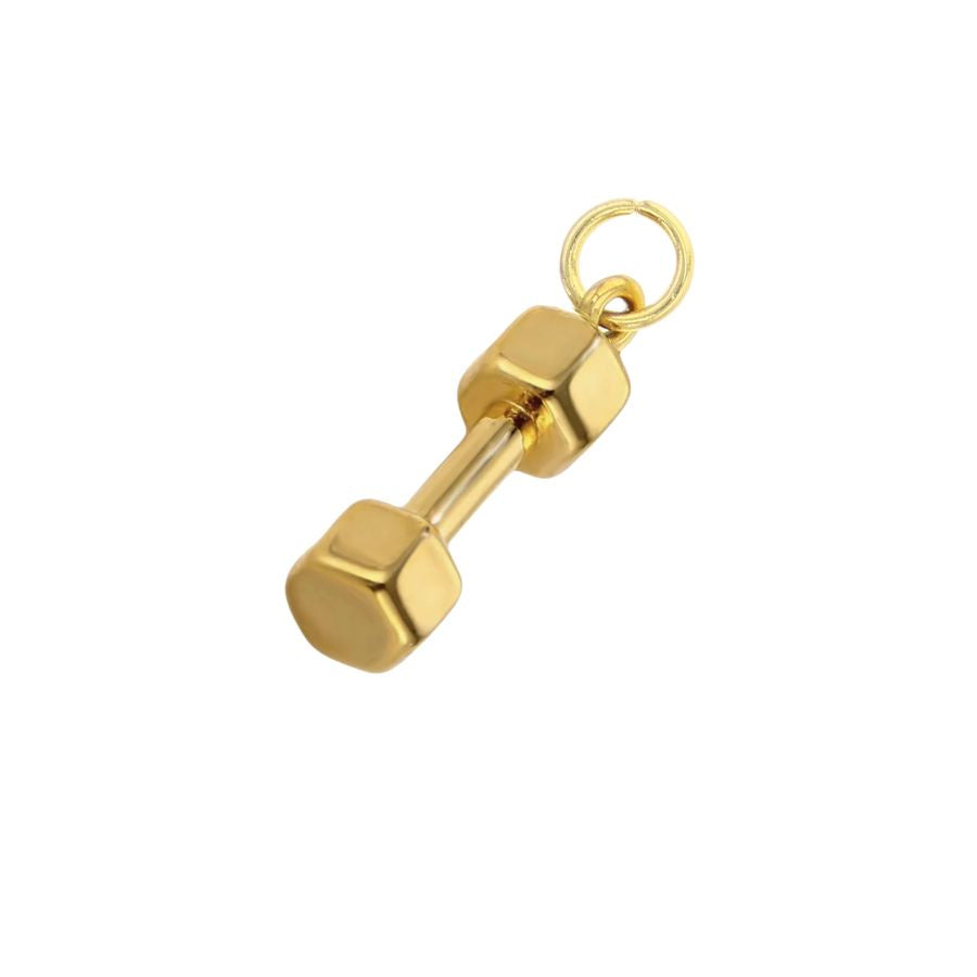 Gold-toned metal jewelry charm of a miniature fitness dumbbell on a white studio background featuring polished hexagonal ends and a small circular attachment ring