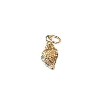 Gold jewelry charm of a conch seashell centered on a white background, featuring raised spiral ridges, small circular indentations, and a polished metallic finish with a top jump ring