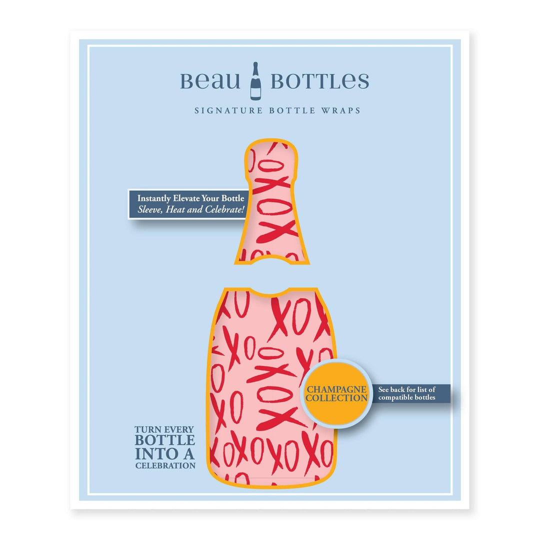Beau Bottles signature bottle wrap package, Champagne Collection, with pink and red XOXO print