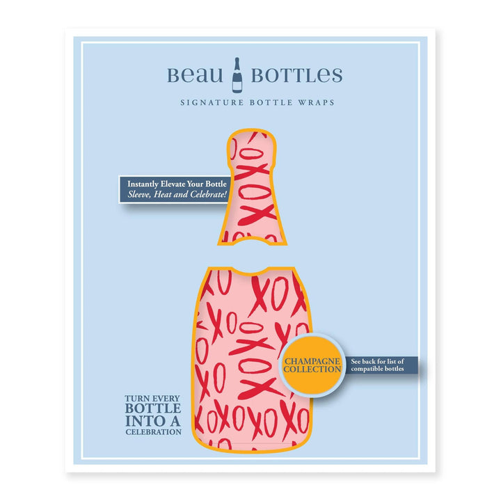 Beau Bottles signature bottle wrap package, Champagne Collection, with pink and red XOXO print
