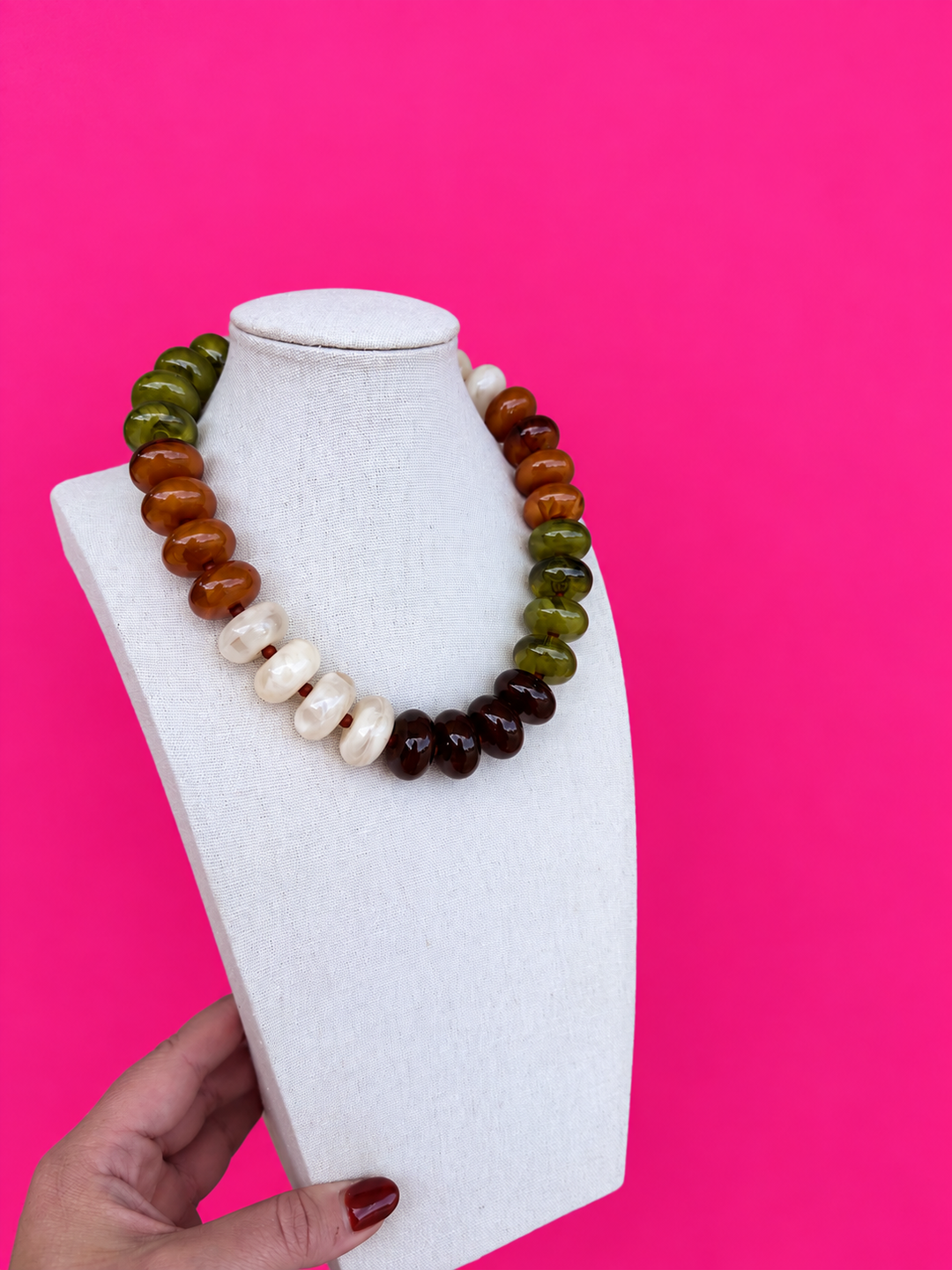 Rust, Olive, Bone Circle Bead Necklace - Fall