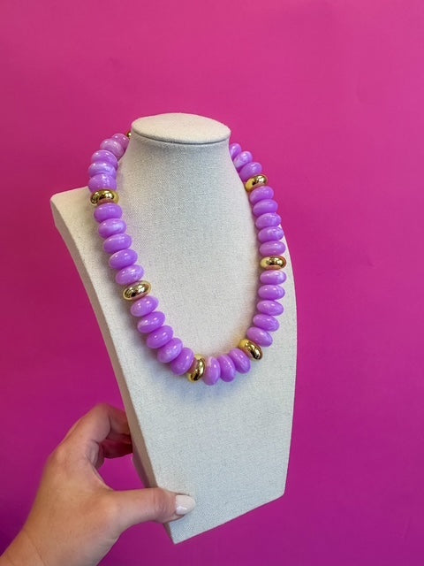 Purple &amp; Gold Circle with Gold Bead Necklace