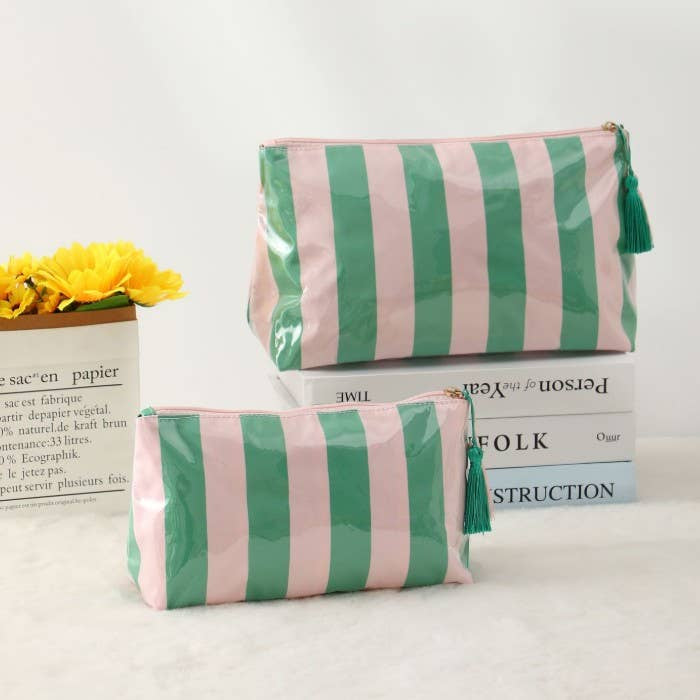 Green/Pink Travel Stripe Cosmetic Makeup Pouch Bag