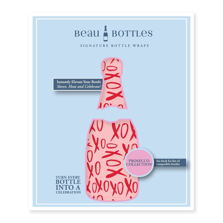 Beau Bottles signature bottle wrap package, Prosecco Collection, with pink and red XOXO print