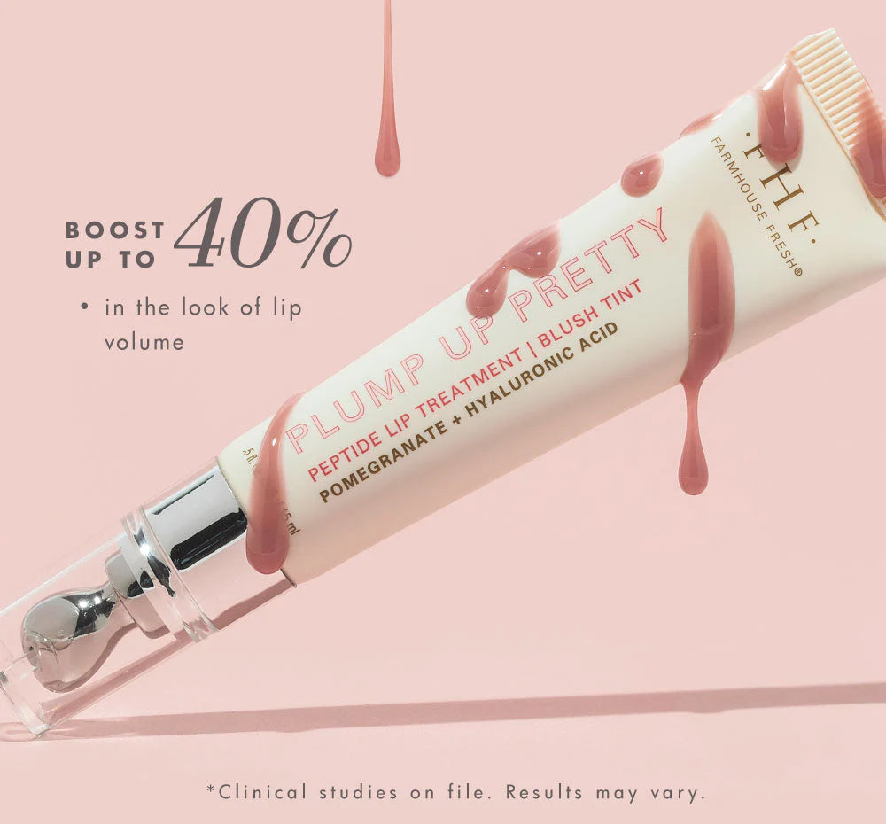 Digital product advertisement for Farmhouse Fresh featuring the Plump Up Pretty Peptide Lip Treatment tube with mauve liquid droplets, a silver metal applicator, and bold text promising a 40 percent boost in lip volume against a soft pink background