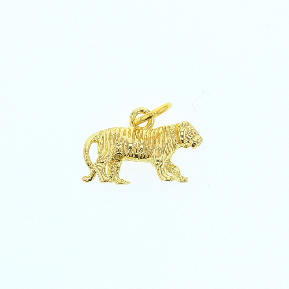 Yellow gold jewelry tiger pendant charm centered on a plain white background featuring intricate etched stripe textures and a high-shine polished finish with a small circular jump ring