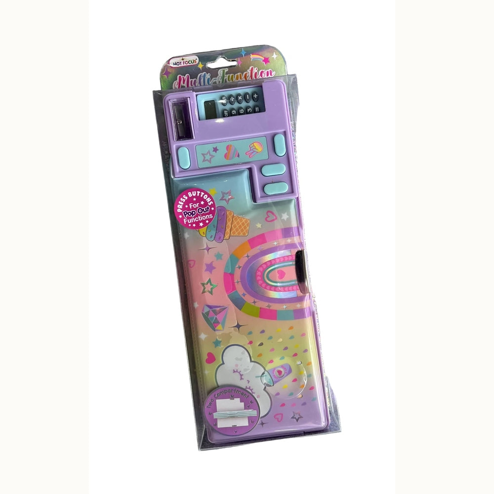 Plastic Hot Focus multi-function pencil case featuring an integrated calculator and pink pop-out buttons decorated with a vibrant pastel rainbow and ice cream cone illustrations