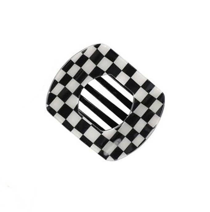 Black Checkered Jumbo Lay Flat Oval Hair Claw Clip