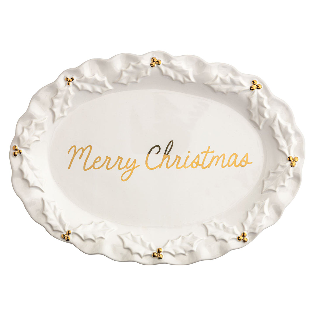 Gold Holly Merry Christmas Platter